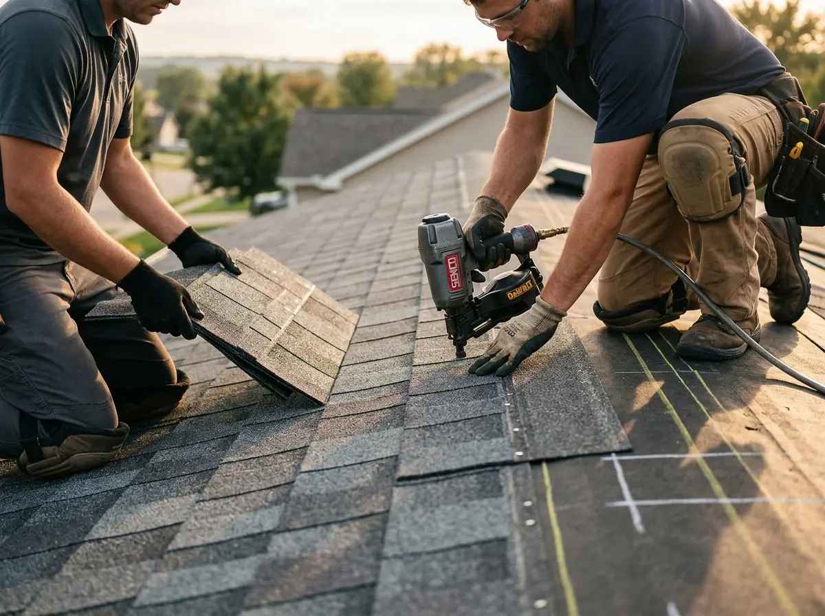 Professional roofer working on a residential roof in Albion